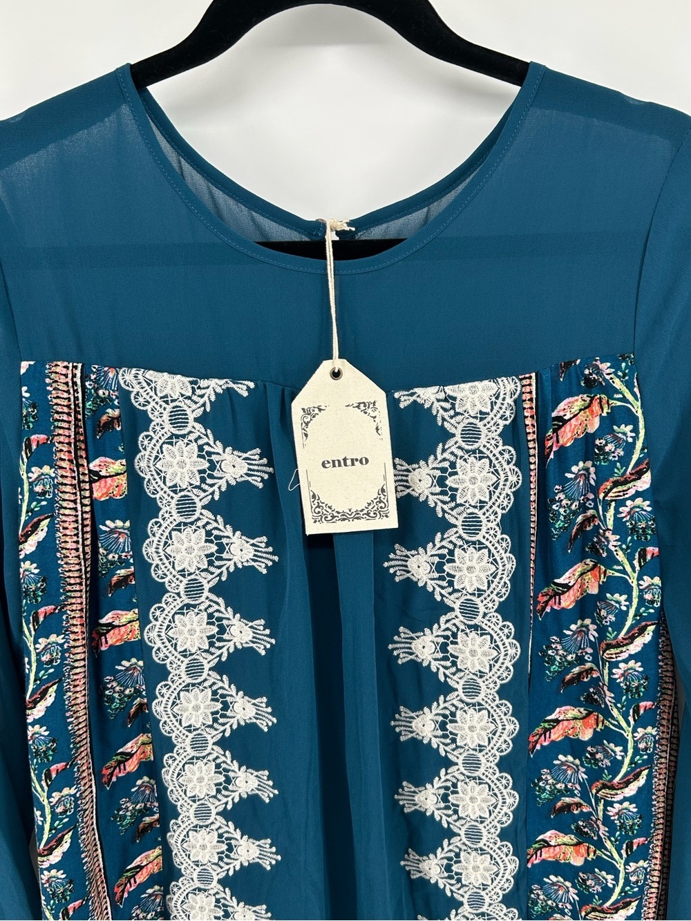 NWT Entro Teal Boho Shift Dress M Lace Floral Border Print Sheer Long Sleeve - Picture 7 of 7
